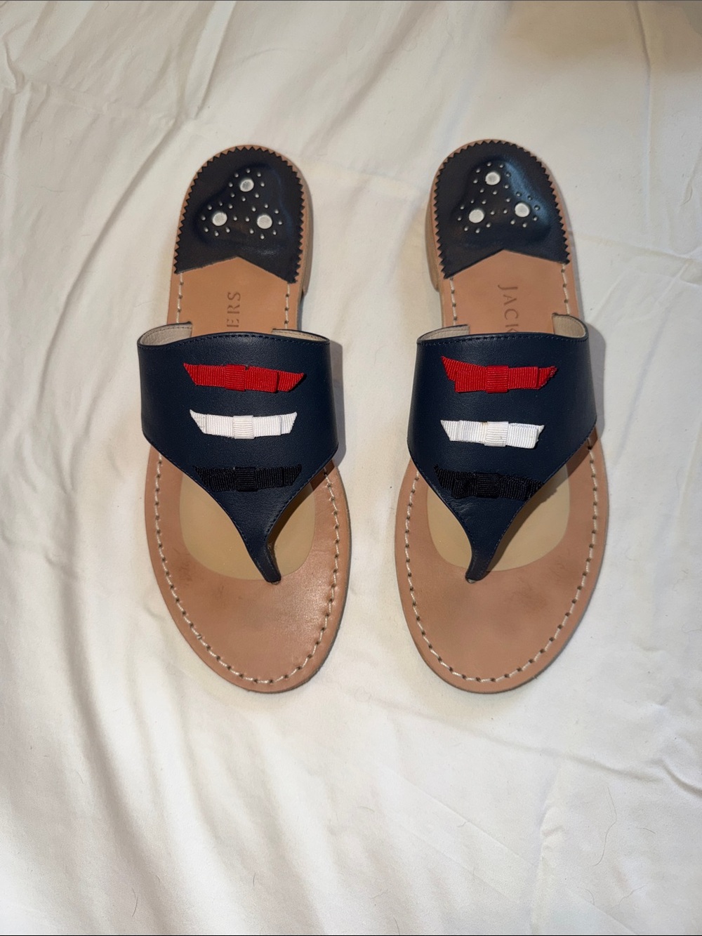 Jack Rogers Navy Leather Thong Sandals with Red, White and Blue Accents